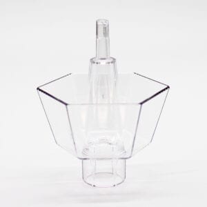 A clear plastic container with a handle on top.