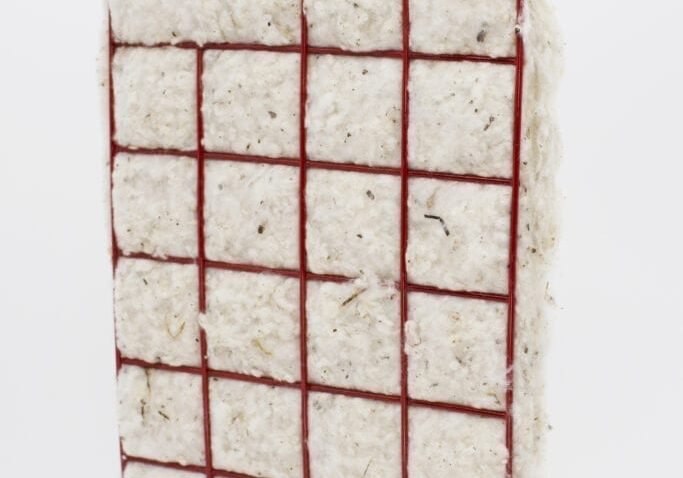 A piece of rice cake with red lines on it.